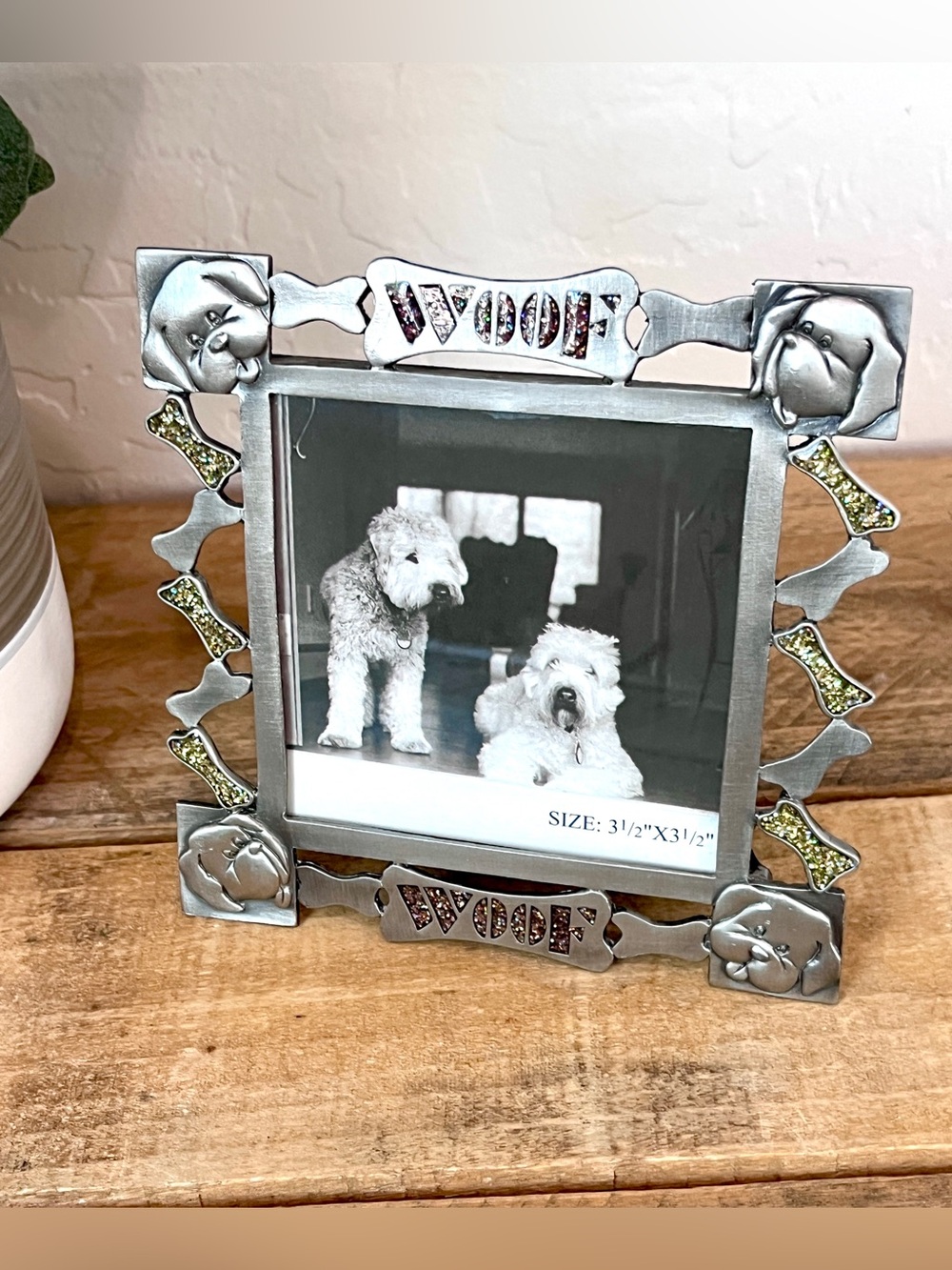 Vintage Heavy Pewter Woof Dog Picture Frame Glitter Bone 5x5